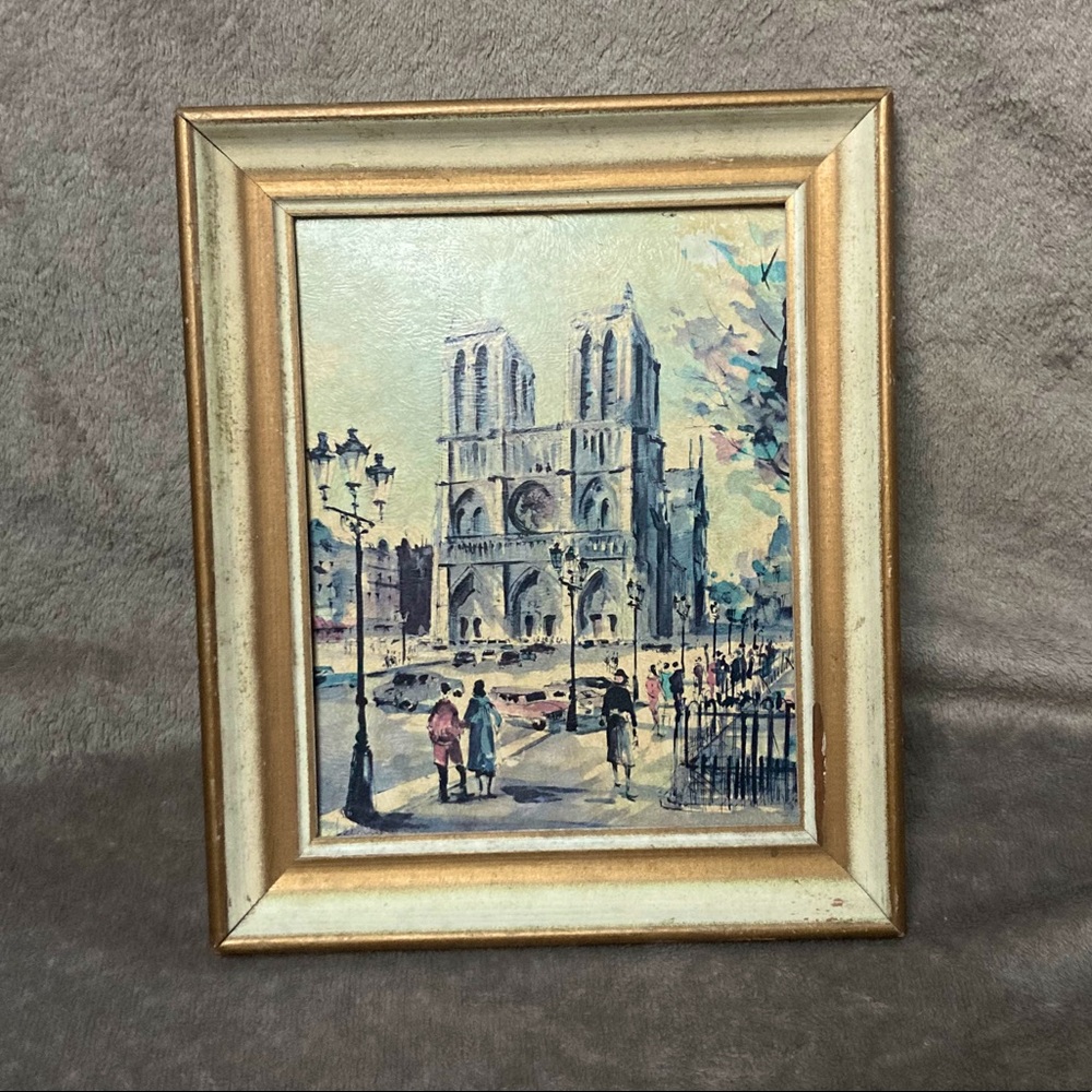 Elegant Framed Notre Dame Painting - Cream and Blue Tones